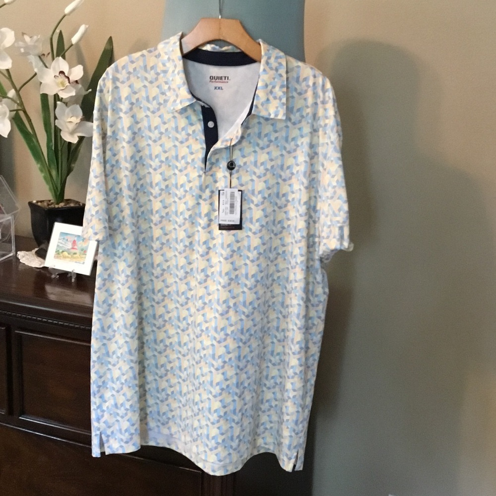 Quieti-NWT-Men’s Geometric Print Performance Polo in Light Blue & Pale Yellow